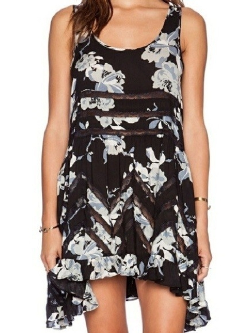 Free People black & blue floral print trapeze slip Lace Detail New! NWT Large